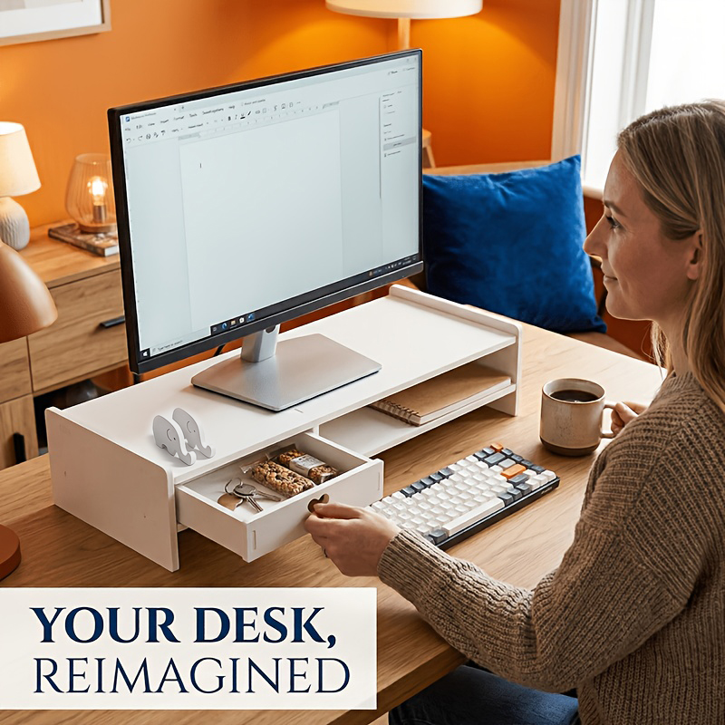 Monitor Riser Wood - Минималистичная белая подставка-органайзер для монитора из